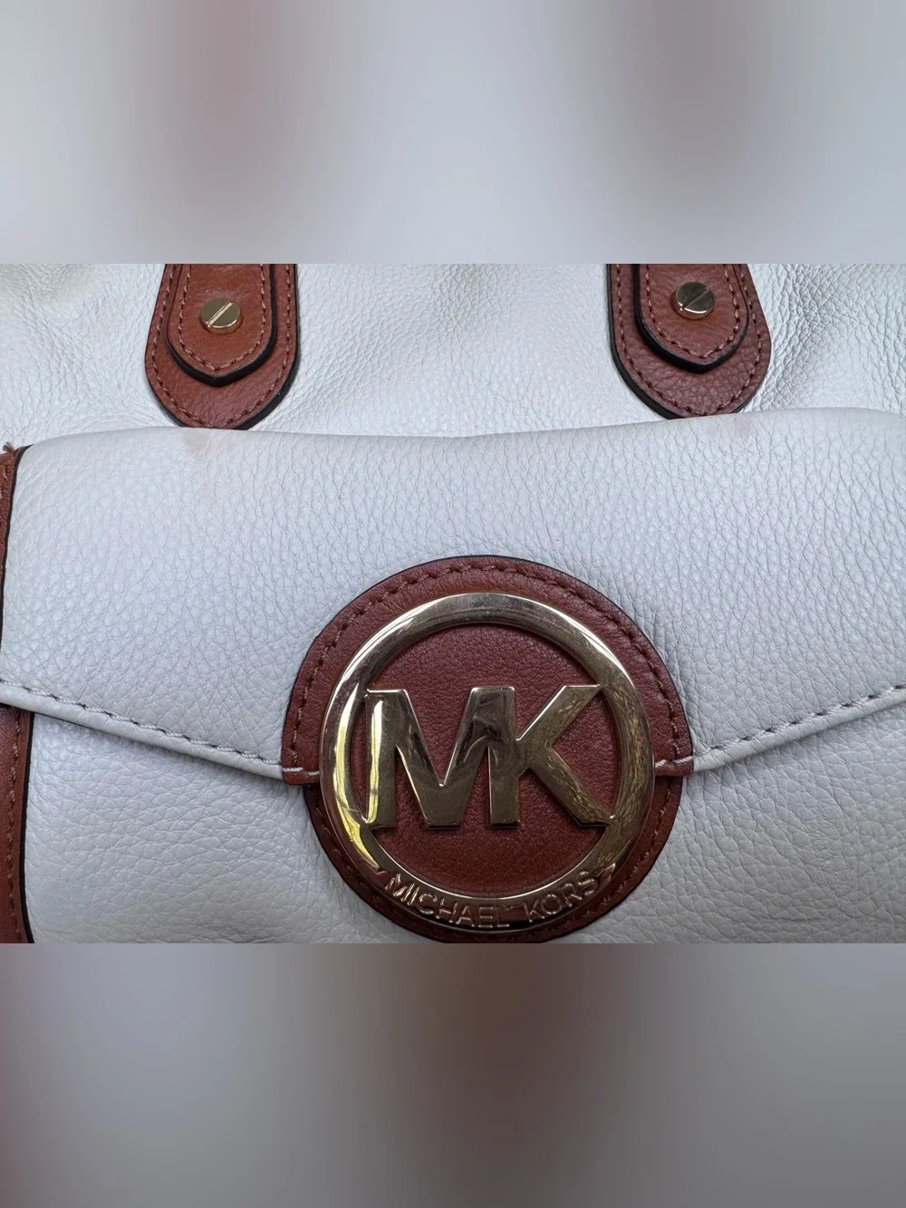 Michael Kors White and Brown Leather MK Logo Satchel